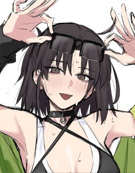 1girl bikini black_bikini blush choker egomeshi fate/grand_order fate_(series) glasses highres looking_at_viewer ryougi_shiki ryougi_shiki_(swimsuit_mooncancer)_(first_ascension) short_hair simple_background swimsuit tongue tongue_out wet