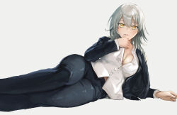 Rule 34 | 1girl, advarcher, black jacket, black pants, breasts, cleavage, commentary request, finger to mouth, grey hair, highres, honkai: star rail, honkai (series), jacket, large breasts, lips, looking at viewer, lying, medium hair, midriff peek, on side, open clothes, open jacket, pants, shirt, simple background, solo, stelle (honkai: star rail), trailblazer (honkai: star rail), white background, white shirt, yellow eyes