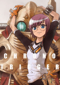 1990s_(style) 1girl blue_eyes chrono_(series) chrono_trigger dirty glasses gloves goggles kikuchi kikuchi_(xpoz) lucca_ashtear purple_hair raglan_sleeves robo_(chrono_trigger) robot short_hair smile tools xpoz