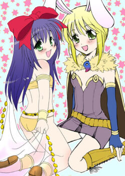 2000s_(style) 2girls :d alchemist_(ragnarok_online) animal_ears ass back bad_id bikini blonde_hair blue_gloves blush boots bow breasts brown_boots brown_cape brown_sandals cape coin_(ornament) dancer dancer_(ragnarok_online) dress elbow_gloves fake_animal_ears fingerless_gloves full_body fur_collar gloves green_eyes grey_dress hair_bow long_hair looking_at_viewer lowres multiple_girls open_mouth purple_hair rabbit_ears ragnarok_online red_bow sandals short_dress short_hair sitting small_breasts smile star_(symbol) star_symbol_background strapless strapless_dress swimsuit tachibana_sakuya_(matsurika) wariza yellow_bikini