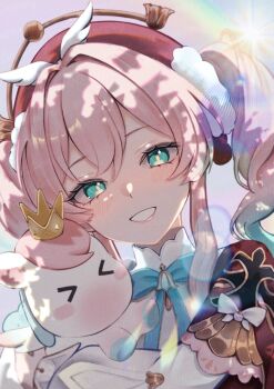 Rule 34 | > <, 0 tsunamayo 0, 1girl, absurdres, aqua bow, aqua bowtie, aqua hair, beret, blush, bow, bowtie, close-up, commentary request, crown, gradient hair, hat, highres, honkai: star rail, honkai (series), hyacine (honkai: star rail), little ica (honkai: star rail), long hair, long sleeves, looking at viewer, mini crown, multicolored hair, parted lips, pink hair, red hat, smile, twintails