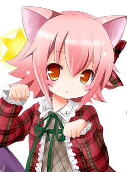 Rule 34 | 1girl, akino sakura, alternate costume, animal ears, blush stickers, brown shirt, cat ears, cat girl, checkered clothes, checkered jacket, checkered shirt, emil chronicle online, green ribbon, hair ribbon, jacket, lowres, neck ribbon, nekomata momo, orange eyes, paw pose, pink hair, red jacket, red ribbon, ribbon, shirt, smile, solo, star (symbol), upper body