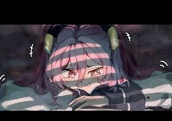 +++ +_+ 1girl absurdres blue_archive blush commentary_request highres jacket koyuki_(blue_archive) letterboxed long_sleeves lying minibi_(minibeat) on_stomach pink_eyes pink_hair solo ventilation_shaft white_jacket