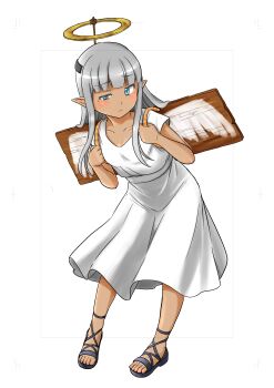 Rule 34 | 1girl, absurdres, angel, black sandals, blue eyes, blunt bangs, blush, breasts, collarbone, dark-skinned female, dark elf, dark skin, drawn wings, dress, elf, fake halo, fake wings, frown, full body, gold halo, grey hair, half-closed eye, halo, highres, karla (kono healer mendokusai), kono healer mendokusai, long hair, looking at viewer, official art, pointy ears, sandals, short sleeves, simple background, small breasts, solo, tannen ni hakkou, uneven eyes, white background, white dress, wings, wooden board