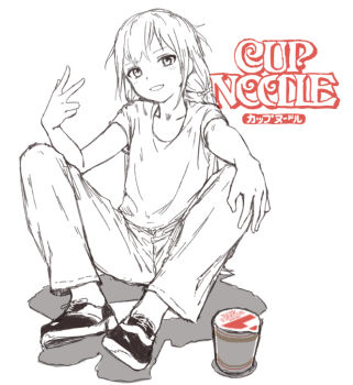 1girl collarbone full_body greyscale grin hand_on_own_knee instant_cup_noodles instant_noodles inward_v looking_at_viewer monochrome nissin_cup_noodle original pants shirt shoes short_sleeves sitting smile sneakers solo spot_color t-shirt v yukitake_(bullfalk)