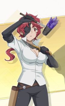 1girl breasts cleavage dungeon_ni_deai_wo_motomeru_no_wa_machigatteiru_darou_ka eyepatch hephaistos_(danmachi) official_art pants red_hair source_request