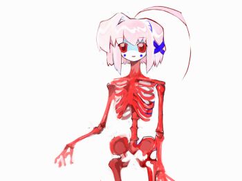 1girl ahoge albino body_horror bone colored_skin guro hair_ornament heartlovepowertemple horror_(theme) huge_ahoge non-web_source nude official_art pink_hair rabbitmaiden_softworks red_bones red_eyes rgb_paw ribs skeleton teja white_skin x_hair_ornament yogurt200