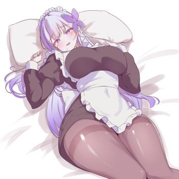 1girl absurdres apron black_dress blush breasts brown_pantyhose butterfly_hair_ornament commentary_request cowboy_shot dress hair_ornament head_on_pillow highres indie_virtual_youtuber juliet_sleeves large_breasts long_hair long_sleeves looking_at_viewer lying maid maid_headdress mimyo_(vtuber) multicolored_hair on_back open_mouth pantyhose pillow puffy_sleeves purple_eyes purple_hair purple_streaks rapid17 single_hair_streak smile solo streaked_hair thighband_pantyhose thighs virtual_youtuber waist_apron white_apron