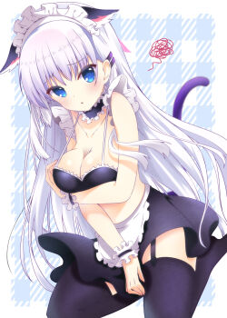 1girl animal_ears arm_under_breasts between_legs bikini black_bikini black_choker black_skirt black_thighhighs black_wrist_cuffs blue_background blue_eyes blush border breasts cat_ears cat_tail choker cleavage collarbone commentary_request dutch_angle eyes_visible_through_hair fake_animal_ears fake_tail frilled_choker frilled_wrist_cuffs frills furrowed_brow hair_behind_ear hair_between_eyes hair_ornament hairclip halterneck hand_between_legs highres knees_out_of_frame large_breasts long_hair maid maid_bikini maid_headdress miniskirt naruse_shiroha no_shoes outside_border parallel_hairclips simple_background sitting skirt skirt_tug solo squiggle straight_hair sukonbu385 summer_pockets swimsuit tail tail_raised thighhighs unconventional_maid very_long_hair watermark white_border white_hair wrist_cuffs