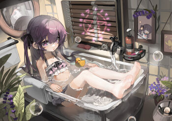 1girl absurdres bath bathing bathroom bathtub bikini black_ribbon bubble commentary_request feet flower frilled_bikini frills full_body hair_ribbon highres indoors kele_mimi legs long_hair looking_at_viewer open_mouth original partially_submerged plant potted_plant purple_eyes purple_flower purple_hair ribbon rubber_duck slice_of_life soap_bubbles soles solo swimsuit thighhighs toes variant_set water white_thighhighs