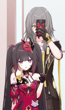 2girls absurdres bare_shoulders black_coat black_gloves black_hair butterfly-shaped_pupils coat commentary_request detached_sleeves dress fox_mask gloves grabbing_another&#039;s_breast grey_hair groping heart height_difference highres holding holding_phone honkai:_star_rail honkai_(series) long_hair looking_at_viewer mask mask_on_head mirror muhoho_ku multiple_girls phone red_dress red_eyes red_sleeves smile sparkle_(fictitious_game)_(honkai:_star_rail) sparkle_(honkai:_star_rail) stelle_(honkai:_star_rail) symbol-shaped_pupils tongue tongue_out trailblazer_(honkai:_star_rail) translation_request twintails yellow_eyes