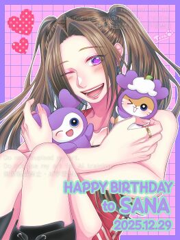 1girl animification aoi_toramatsu black_boots blue_eyes blush boots border character_name collarbone commentary cosplay dated dress english_commentary hamster hamtaro hamtaro_(series) happy_birthday highres holding k-pop long_hair looking_at_viewer one_eye_closed open_mouth pink_background purple_border purple_eyes real_life red_dress sana_(twice) savely_(twice) savely_(twice)_(cosplay) sitting smile solo twice_(group) twintails very_long_hair