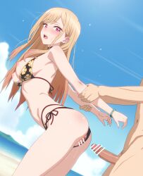 1boy 1girl akinoya bar_censor barbell_piercing bare_shoulders bead_bracelet beads bikini black_choker blonde_hair blue_sky blush bracelet breasts censored choker clothing_aside cloud cloudy_sky day ear_piercing earrings floral_print_bikini grabbing_another&#039;s_arm gyaru highres imminent_penetration industrial_piercing jewelry kitagawa_marin large_breasts long_hair multicolored_hair nipples open_mouth outdoors penis piercing pink_eyes pink_hair pussy sky sono_bisque_doll_wa_koi_wo_suru swimsuit two-tone_hair