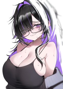 1girl absurdres black_camisole black_hair breasts camisole cleavage commentary_request glasses goddess_of_victory:_nikke hair_over_one_eye highres huge_breasts label_(nikke) long_hair looking_at_viewer mopyo_(gvmmr) multicolored_hair purple_eyes purple_hair simple_background solo sweat very_long_hair wavy_eyes white_background white_hair