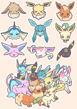 >_< :< :d :p @_@ animal_focus black_eyes black_fur blue_eyes blue_fur blush_stickers bow bright_pupils brown_eyes brown_fur cetacean_tail commentary_request eevee espeon evolutionary_line facial_mark fangs fins fish_tail flareon forehead_jewel forehead_mark full_body gen_1_pokemon gen_2_pokemon gen_4_pokemon gen_6_pokemon glaceon green_fur head_fins highres jolteon joo_gumoon korean_commentary leaf leafeon looking_at_another looking_at_viewer lying multiple_views neck_fur nintendo open_mouth orange_fur outline pawpads pink_fur pokemon pokemon_(creature) pokemon_focus purple_eyes purple_fur red_eyes ribbon sidelocks simple_background smile spiked_tail sylveon tail tearing_up tongue tongue_out umbreon vaporeon white_fur white_outline white_pupils yellow_background yellow_fur