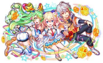 1boy 1girl ahoge alternate_costume alternate_hair_color alternate_hair_ornament ankle_boots aqua_eyes aqua_shirt aqua_skirt artist_request back_ribbon bare_legs belial_(crash_fever) belt belt_buckle belted_shorts bike_shorts black_belt black_pants black_shirt black_shorts black_sleeves blonde_hair boots bow brooch buckle buttons cel_shading character_name coat collar collarbone collared_coat colored_shoe_soles crash_fever cropped_jacket cross-laced_clothes double_horizontal_stripe dress_shirt english_text eyelashes fang floating_headgear flower flower_symbol from_behind full_body game_cg gold_buckle green_eyes green_hair grey_hair group_picture hair_between_eyes hair_bow hair_flower hair_ornament hair_ribbon hand_on_own_knee happy happy_(crash_fever) headgear heart hood hooded_jacket horizontal-striped_coat horizontal-striped_sleeves jacket jewelry layered_skirt leg_ribbon long_hair long_sidelocks long_sleeves looking_at_viewer looking_back low-tied_long_hair midriff mobius_(crash_fever) multicolored_hair official_alternate_costume official_alternate_hair_color official_alternate_hair_ornament official_art open_clothes open_jacket open_mouth orange_belt orange_skirt outline outstretched_arm outstretched_hand pants pink_belt pink_hair pink_ribbon pouch purple_belt rainbow_ribbon raised_eyebrows red_eyes red_hair red_outline red_ribbon ribbon see-through_hood shirt shoe_soles shoes short_sleeves shorts sidelocks single_horizontal_stripe single_vertical_stripe sitting skirt sleeve_belt sleeve_cuffs sneakers sparkle square square_print star_(symbol) star_in_eye streaked_hair striped_clothes striped_footwear symbol_in_eye tachi-e teeth text_print thigh_belt thigh_boots thigh_ribbon thigh_strap third-party_source tongue transparent_background two-tone_footwear two-tone_hair two-tone_shirt two_side_up vertical-striped_footwear vertical-striped_sleeves very_long_hair white_bow white_coat white_collar white_flower white_footwear white_hood white_jacket white_shirt white_shorts white_sleeves white_trim wide_sleeves wing_collar wristband yellow_ribbon yellow_shirt zipper