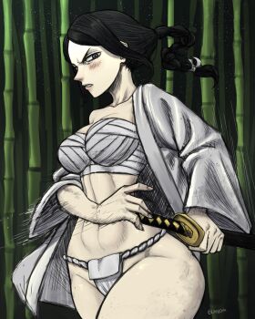 1girl absurdres bandages bandages_around_breasts bandages_around_chest black_clover black_eyes black_hair braid braided_ponytail breasts embarrassed female_focus fundoshi highres japanese_clothes limn044 loincloth looking_at_viewer medium_breasts ponytail reaching_for_weapon sword thick_thighs thighs weapon yami_ichika