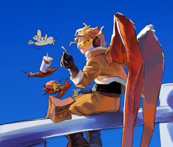 1boy backupnha bag bird black_boots black_gloves black_shirt blonde_hair blue_sky boku_no_hero_academia boots cup disposable_cup eating feathered_wings food food_in_mouth french_fries fur-trimmed_jacket fur_trim gloves hawks_(boku_no_hero_academia) headphones highres holding holding_food jacket panties paper_bag red_wings safety_glasses shirt short_hair sky solo tinted_eyewear underwear wavy_hair wings yellow-tinted_eyewear yellow_jacket yellow_panties