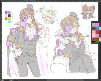 Rule 34 | 1boy, 1other, :/, ^^^, absurdres, alternate costume, aqua gem, arrow (symbol), art program in frame, ascot, bell sleeves, black-framed eyewear, black cape, black capelet, black fire, black gloves, black hat, black pants, black shoes, black vest, bow, brooch, brown eyes, brown hair, bug, cape, capelet, chair, chibi, chibi inset, clock, closed eyes, closed mouth, coat, cockroach, color guide, contrapposto, cowboy shot, crossed legs, dante (limbus company), epaulettes, expressionless, fire, flower, flower on hair, flower on hat, flower on shoulder, flower over eye, full body, gem, glasses, gloves, gold trim, gradient ascot, gradient clothes, gregor's cockroach (project moon), hair between eyes, hair bow, hair flower, hair ornament, hair over shoulder, hair ribbon, hand on own hip, hand on own knee, hand up, hat, hat flower, head tilt, heart, highres, hug, insect, insect on shoulder, jewelry, jitome, lily26983455, limbus company, long hair, long sleeves, looking at another, looking at viewer, looking to the side, male focus, mini hat, mini top hat, multiple views, object head, on chair, one eye covered, paint palette, pansy, pants, ponytail, procreate (software), project moon, puffy long sleeves, puffy sleeves, purple ascot, purple bow, purple cape, purple flower, purple vest, ribbon, sanpaku, shirt, shoes, side capelet, simple background, single glove, sitting, standing, tassel, tilted headwear, top hat, two-sided fabric, vest, white ascot, white background, white gloves, white shirt, wide sleeves, yellow fire