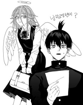 angel_devil_(chainsaw_man) angel_wings bag black_bow black_bowtie black_dress black_hair black_jacket bow bowtie chainsaw_man collared_shirt commentary_request crossdressing crossdressing_(mtf) dress gakuran greyscale hair_between_eyes halo hayakawa_aki highres holding holding_bag holding_paper jacket korean_commentary korean_text long_hair monochrome paper parted_lips pinafore_dress ponytail rotomem school_uniform shirt shirt_under_dress short_hair short_ponytail sleeveless sleeveless_dress sweatdrop traditional_halo upper_body white_background white_shirt wings