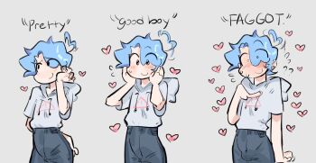 ! 1boy arm_behind_back black_jeans blue_hair blush bulge closed_mouth drawstring english_text erection erection_under_clothes green_eyes grey_background grey_hoodie hand_on_own_cheek hand_on_own_ear hand_on_own_face hand_up hands_up heart heart-shaped_hair high-waist_pants hood hood_down hoodie looking_at_viewer looking_to_the_side multiple_views nervous_sweating pants pointing pointing_at_self short_hair simple_background small_pupils smile solo sweat sweater_tucked_in triangle upper_body yipeeeeiz