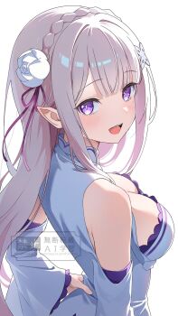 1girl arched_back bagworm_(mirahuru) bare_shoulders blush braid breasts cleavage_cutout clothing_cutout commentary_request crown_braid downblouse dress elf emilia_(re:zero) flower grey_hair hair_flower hair_ornament hair_ribbon hand_on_own_hip highres long_hair long_sleeves looking_at_viewer medium_breasts open_mouth pointy_ears purple_eyes purple_ribbon re:zero_kara_hajimeru_isekai_seikatsu ribbon shoulder_cutout simple_background smile solo upper_body watermark white_background white_dress wide_sleeves x_hair_ornament