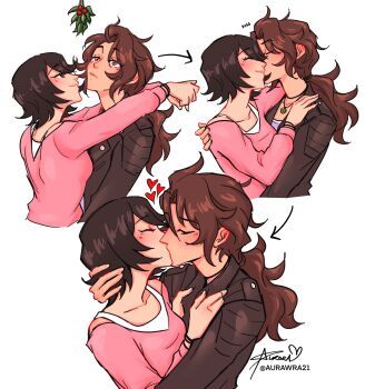 2girls arms_around_neck aurora_(aurawra21) black_hair black_jacket blush brown_eyes brown_hair christmas closed_eyes commentary english_commentary hand_on_another's_shoulder heart highres jacket jewelry kiss lara_croft long_hair mistletoe multiple_girls necklace pink_shirt samantha_nishimura shirt simple_background smile tomb_raider white_background yuri