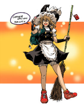 1girl azuki_osamitsu backpack bag blonde_hair bloomers braid broom candy female_focus food french_text full_body gambit gradient_background hat kirisame_marisa lollipop marvel nike_(company) parody radio randoseru red_shoes shoes short_hair sneakers solo touhou translated underwear witch witch_hat x-men yellow_eyes
