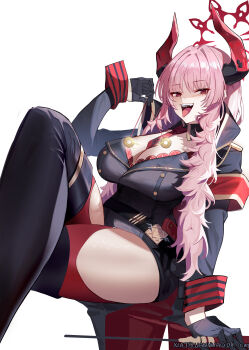 1girl absurdres azema between_breasts black_gloves black_thighhighs blue_archive bra bra_peek breasts cleavage coin coin_on_string commentary_request demon_horns gloves halo hand_up highres holding holding_pendulum holed_coin horns huge_breasts hypnotizing_viewer invisible_chair lace lace-trimmed_bra lace_trim long_hair long_sleeves looking_at_viewer mole mole_on_breast multicolored_horns necktie necktie_between_breasts open_mouth pendulum pink_hair red_bra red_halo red_horns red_necktie red_thighhighs red_wrist_cuffs satsuki_(blue_archive) simple_background sitting solo teeth thighhighs tongue tongue_out two-tone_horns underwear upper_teeth_only white_background wrist_cuffs