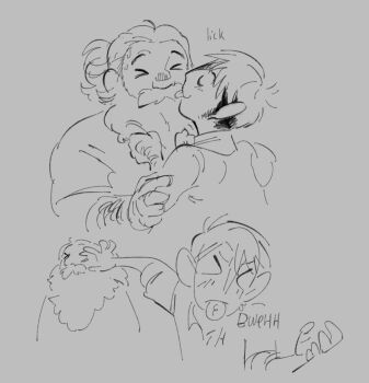 >_< 2boys :p arogiris bara beard blush chilchuck_tims couple disgust dungeon_meshi dwarf facial_hair greyscale hairy highres licking licking_another's_face long_beard male_focus monochrome multiple_boys mustache senshi_(dungeon_meshi) sequential sketch thick_arm_hair thick_mustache tongue tongue_out very_long_beard yaoi