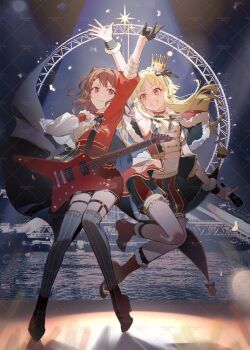 2girls absurdres ankle_socks arm_up armpits bang_dream! bare_shoulders black_bow black_bowtie black_cape black_gloves black_socks black_wrist_cuffs blonde_hair blue_shorts boots bow bowtie brown_eyes brown_hair cape capelet center_frills character_request choker closed_mouth confetti crown dress_bow duany electric_guitar eyelashes floating_clothes floating_hair frilled_choker frilled_hairband frilled_jacket frilled_sleeves frilled_socks frills full_body fur-trimmed_boots fur-trimmed_capelet fur-trimmed_wrist_cuffs fur_trim gloves grey_socks grin guitar hair_bow hair_ornament hairband hairclip half_gloves hand_on_own_chest happy high-waist_skirt high_heel_boots high_heels highres idol instrument jacket jumping lace-trimmed_shorts lace_trim layered_sleeves light_particles long_hair long_sleeves mini_crown miniskirt multiple_girls night ocean open_clothes open_jacket outdoors over-kneehighs pencil_skirt puffy_long_sleeves puffy_sleeves purple_eyes red_boots red_bow red_bowtie red_capelet red_choker red_jacket red_shorts red_skirt ribbed_socks shirt shorts single_sleeve single_stripe skirt sleeveless sleeveless_jacket smile socks spotlight stage standing striped_bow striped_bowtie striped_clothes striped_shorts striped_socks thighhighs tsurumaki_kokoro two-tone_shorts two_side_up vertical-striped_clothes vertical-striped_shorts vertical-striped_socks very_long_hair watermark watermark_grid wavy_hair white_hairband white_shirt wrist_cuffs yellow_bow yellow_crown
