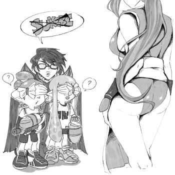 Rule 34 | 1boy, 3girls, ?, ass, bayonetta, bayonetta (series), bayonetta 2, bike shorts, borrowed character, breasts, covering another's eyes, crossover, fatal fury, glasses, gun, head out of frame, iinkling girl, inkling, inkling boy, inkling player character, legs, lips, long hair, monochrome, multiple girls, namuro, nintendo, ponytail, shiranui mai, short hair, shorts, snk, snk heroines: tag team frenzy, splatoon (series), splattershot (splatoon), super smash bros., tentacle hair, thighs, weapon, witch