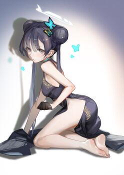 1girl absurdres bare_arms bare_shoulders barefoot black_dress black_gloves black_hair blue_archive blush breasts butterfly_hair_ornament china_dress chinese_clothes chinese_commentary commentary double_bun dress from_behind gloves grey_eyes hair_bun hair_ornament halo highres kisaki_(blue_archive) kneeling nbrush19 parted_lips side_slit sleeveless sleeveless_dress small_breasts soles solo twintails white_halo