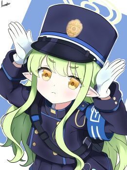 1girl absurdres armband aurelia88 black_hat black_jacket black_skirt blue_archive blue_armband buttons closed_mouth commentary flat_chest gloves green_hair green_halo halo hands_up hat highres hikari_(blue_archive) jacket light_smile long_hair long_sleeves looking_at_viewer pleated_skirt pointy_ears serious sidelocks signature simple_background skirt solo upper_body white_gloves yellow_eyes
