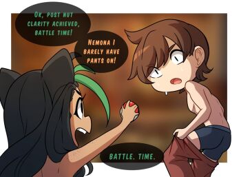 1boy 1girl aftersex animal_ears ass black_hair blue_male_underwear body_freckles border brown_hair cat_ears commentary dressing english_commentary english_text florian_(pokemon) freckles green_hair hair_down holding holding_poke_ball kemonomimi_mode kinkymation long_hair looking_at_another male_underwear multicolored_hair nemona_(pokemon) nintendo open_mouth outside_border pants poke_ball poke_ball_(basic) pokemon pokemon_sv post_nut_clarity red_pants speech_bubble streaked_hair sweat talking teeth topless_female two-tone_hair underwear upper_teeth_only white_border