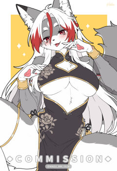1girl animal_ear_fluff animal_ears bare_shoulders black_dress blush breasts china_dress chinese_clothes cleavage cleavage_cutout clothing_cutout commentary commission covered_navel dress english_commentary furry furry_female hands_up highres large_breasts long_hair looking_at_viewer mo_(k40633) multicolored_hair open_mouth original pelvic_curtain red_eyes red_hair simple_background smile solo spread_legs streaked_hair tail thighs two-tone_hair underboob white_hair yellow_background