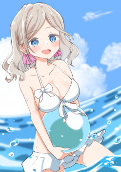Rule 34 | 1girl, :d, absurdres, alternate costume, ball, bikini, bikini day, bikini skirt, blue eyes, blue sky, breasts, ceras yanagida lilienfeld, cleavage, cloud, collarbone, commentary, corocoro567, cowboy shot, day, frilled skirt, frills, grey hair, hair ribbon, highres, holding, holding ball, large breasts, link! like! love live!, love live!, medium hair, ocean, open mouth, outdoors, pink ribbon, ribbon, skirt, sky, smile, solo, string bikini, swimsuit, virtual youtuber, white bikini