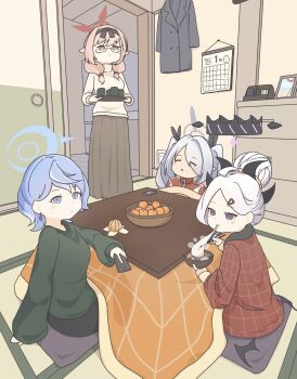 4girls absurdres ako_(blue_archive) blue_archive blue_eyes blue_hair blush chinatsu_(blue_archive) commentary_request demon_girl demon_horns enobun3gyo food fruit glasses grey_hair happy_new_year highres hina_(blue_archive) horns indoors iori_(blue_archive) kotatsu looking_at_viewer mochi multiple_girls new_year orange_(fruit) orange_hair prefect_team_(blue_archive) purple_eyes table tatami twintails white_hair