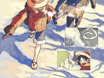 2boys black_hair black_pants blue_coat blue_shorts brown_gloves coat earmuffs fur-trimmed_shorts fur_trim gloves green_hair hat highres holding_another's_wrist jacket katana long_sleeves male_focus monkey_d._luffy multiple_boys one_piece open_mouth outdoors pants pointing pointing_forward red_jacket roronoa_zoro sandals sheath sheathed shorts snow straw_hat sword toku0034 walking weapon winter_clothes