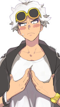 Rule 34 | 1boy, black eyes, blush stickers, bracelet, bright pupils, closed mouth, cupping, eyeshadow, frown, guzma (pokemon), highres, jacket, jewelry, looking down, makeup, male focus, nintendo, nyoripoke, open clothes, open jacket, pokemon, pokemon sm, purple eyeshadow, shirt, short hair, simple background, solo, sunglasses, sweatdrop, upper body, watch, white background, white hair, white pupils, white shirt, wristwatch, yellow-framed eyewear