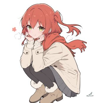 1girl black_pantyhose blush bocchi_the_rock! brown_shoes closed_mouth commentary_request full_body green_eyes grey_skirt hair_between_eyes highres jacket kita_ikuyo long_hair long_sleeves looking_at_viewer minusk9 one_eye_closed pantyhose pleated_skirt red_hair red_scarf scarf shoes simple_background skirt solo white_background winter_clothes