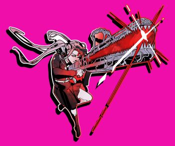 Rule 34 | airyn novales, black headband, commentary, double bun, english commentary, firing, hair bun, headband, highres, holding, holding weapon, last defense academy school uniform, long hair, one eye closed, pink background, pink hair, school uniform, the hundred line -last defense academy-, tsukumo kako, weapon