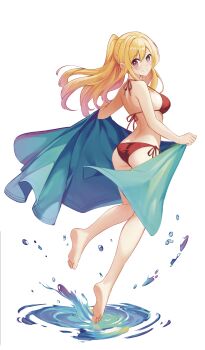 1girl absurdres akirakzq ass back barefoot bikini blonde_hair breasts cape feet hair_between_eyes highres holding holding_unworn_cape holding_unworn_clothes hoshino_ruby long_hair looking_back medium_breasts oshi_no_ko pink_eyes ponytail red_bikini simple_background smile solo star-shaped_pupils star_(symbol) swimsuit symbol-shaped_pupils teeth toes unworn_cape white_background