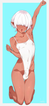 1boy barefoot bulge dark-skinned_male dark_skin ear_piercing erection erection_under_clothes feet hair_over_eyes highres jewelry kneeling kuroino_(0kuro8ino6) one-piece_swimsuit open_mouth original piercing pointy_ears solo swimsuit teeth toned toned_male trap upper_teeth_only white_hair white_nails