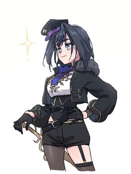 1girl absurdres alternate_costume anco_(platanity) belt black_belt black_gloves black_jacket black_shorts blue_eyes commentary_request cowboy_shot cropped_jacket fur_collar garter_straps gloves hair_intakes hand_on_hilt hand_on_own_hip hat highres hololive hololive_english jacket korean_commentary light_smile long_sleeves ouro_kronii peaked_cap shirt short_hair short_shorts shorts simple_background single_garter_strap single_leg_pantyhose single_thighhigh solo sparkle thighhighs tilted_headwear virtual_youtuber white_shirt