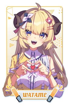 1girl animal_ears asymmetrical_clothes asymmetrical_sleeves blonde_hair blue_eyes character_name hair_ornament hairclip heart heart_hands highres hololive hololive_idol_uniform_(color_rise) horns idol_clothes long_hair multicolored_shirt official_alternate_costume sheep_ears sheep_girl sheep_horns simple_background smile solo tsunomaki_watame virtual_youtuber yokura_(yukilina)