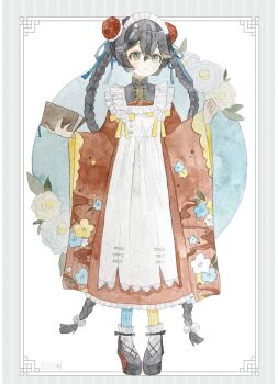 1girl aoyagi874 apron artist_name black_hair black_shoes blue_ribbon book bow braid buttons commentary double_bun dress floral_background floral_print flower frilled_apron frills full_body green_eyes hair_bun hair_ribbon highres holding holding_book long_dress long_hair long_sleeves looking_at_viewer maid_headdress mandarin_collar mismatched_socks original painting_(medium) parted_bangs platform_shoes plum_blossom_print ribbon rose shoes simple_background socks solo standing straight-on striped_clothes striped_socks traditional_media twin_braids very_long_hair watercolor_(medium) watermark white_background white_flower white_rose wide_sleeves yellow_ribbon