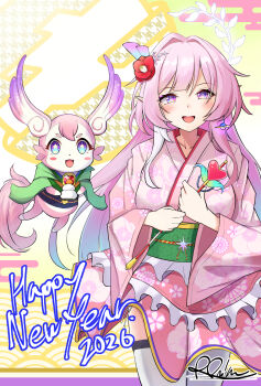 1girl alternate_costume aqua_hair blue_eyes breasts commentary_request cyrene_(demiurge)_(honkai:_star_rail) cyrene_(honkai:_star_rail) diamond-shaped_pupils diamond_(shape) flower hair_flower hair_ornament happy_new_year highres honkai:_star_rail honkai_(series) japanese_clothes kimono large_breasts long_hair looking_at_viewer mem_(honkai:_star_rail) multicolored_hair new_year pink_hair pink_kimono pointy_ears purple_eyes r_orihaverp star-shaped_pupils star_(symbol) symbol-shaped_pupils very_long_hair white_hair