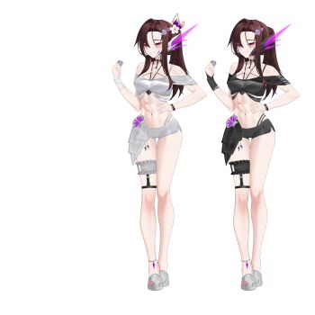 Rule 34 | 1girl, abs, absurdres, anklet, antennae, belly, bracelet, breasts, brown hair, commission, commissioner upload, dusk (wayanfa), hand on own hip, highres, jewelry, knees, legband, navel, non-web source, original, pink eyes, rhan, shoes, small breasts, smile, swimsuit, thighs