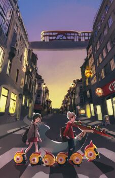 1boy 1girl backpack bag beanie bob_cut brown_eyes brown_hair building cardigan crosswalk dragapult dreepy dynamax_band falinks from_side gen_8_pokemon gloria_(pokemon) green_headwear grey_asa grey_cardigan grey_headwear hat highres hood hooded_cardigan nintendo open_mouth outdoors pokemon pokemon_(creature) pokemon_swsh red_shirt road shirt short_hair sky sleeves_rolled_up smile standing street tam_o&#039;_shanter victor_(pokemon)